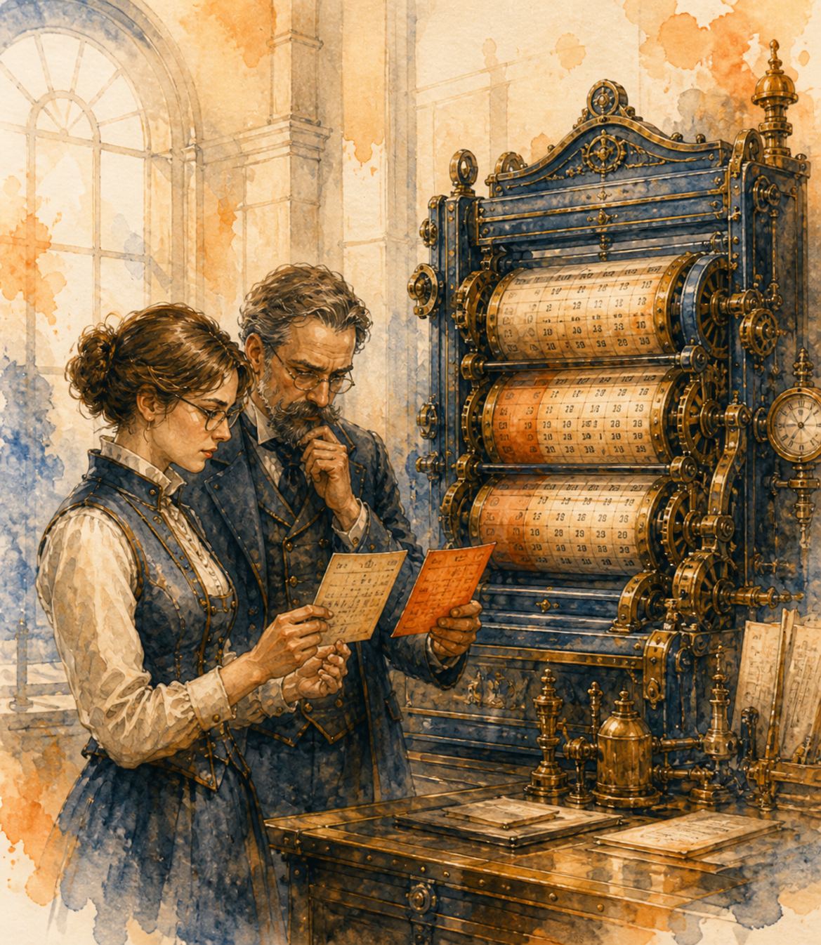 Aquarell eines mechanischen Kalenderapparats