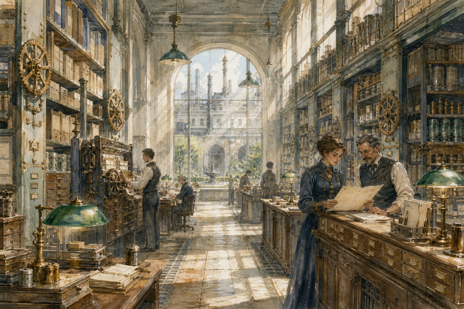 Aquarell eines mechanischen Zentralarchivs