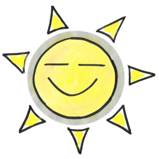 Eine lächende Sonne mit genießenden Augen und sieben Strahlen. Das Retten Teilen Helfen Logo.