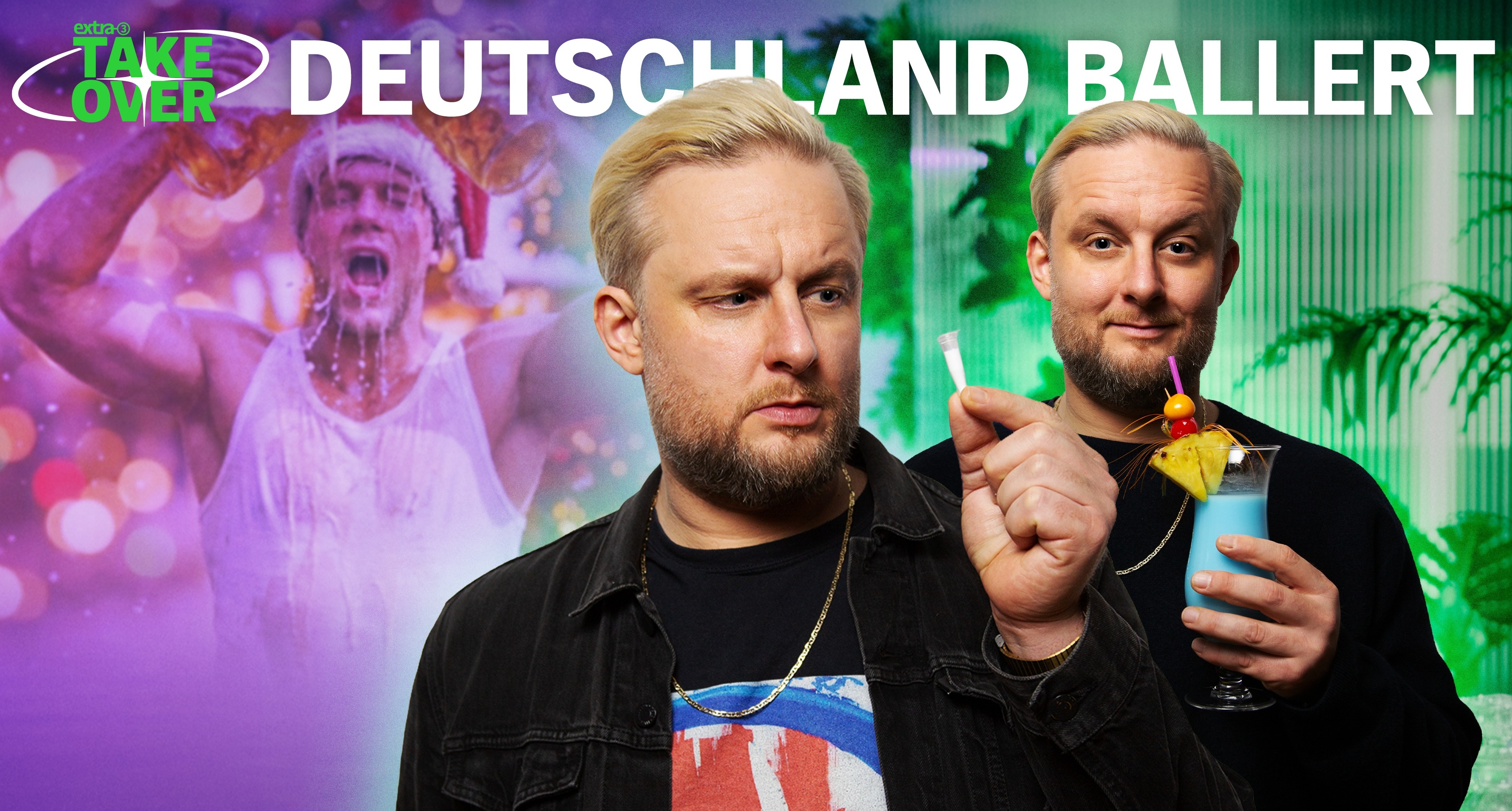 Rapper Fatoni mit einem blauen Cocktail in der Hand